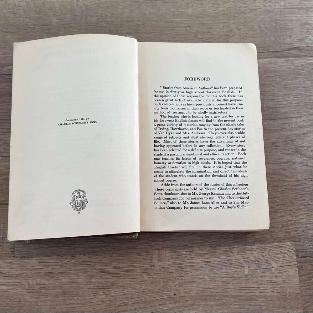 Antique 1914 Book STORIES from AMERICAN AUTHORS (First-Year High School ENGLISH)